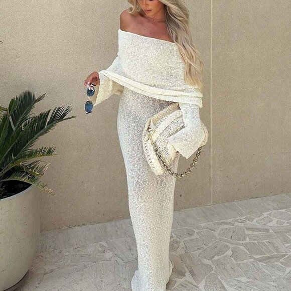 Sexy Women's Beach Vacation Style Plain Semi-Sheer off shoulder maxi Dress - Picture 1 of 10